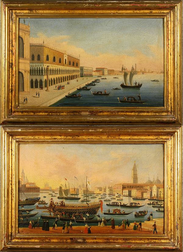 IPPOLITO CAFFI - Pair of paintings ''PALAZZO DUCALE E LA RIVA DEGLI SCHIAVONI'' and ''IL BUCINTORO''