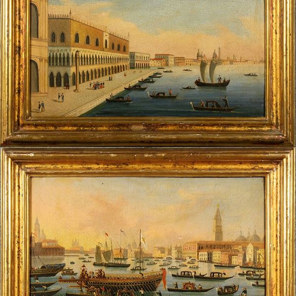 IPPOLITO CAFFI - Coppia di dipinti ''PALAZZO DUCALE E LA RIVA DEGLI SCHIAVONI'' e ''IL BUCINTORO''