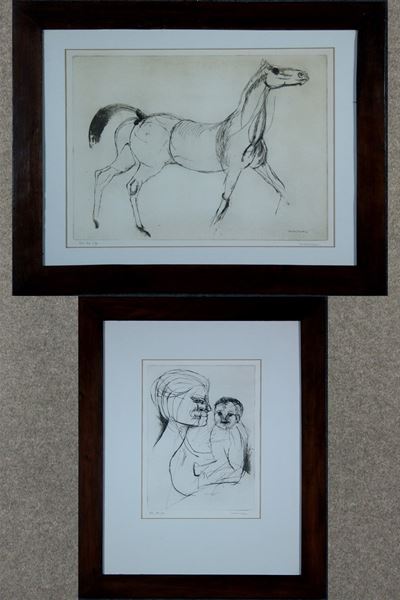 Due Acqueforti ''cavallo'' e ''mamma con Bambino''