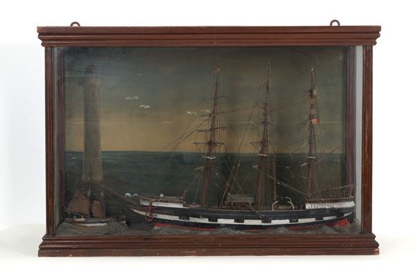 Diorama with sailing ships