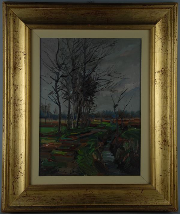 ENRICO CAROZZI - Dipinto olio su cartone "CAMPAGNE MILANESI"