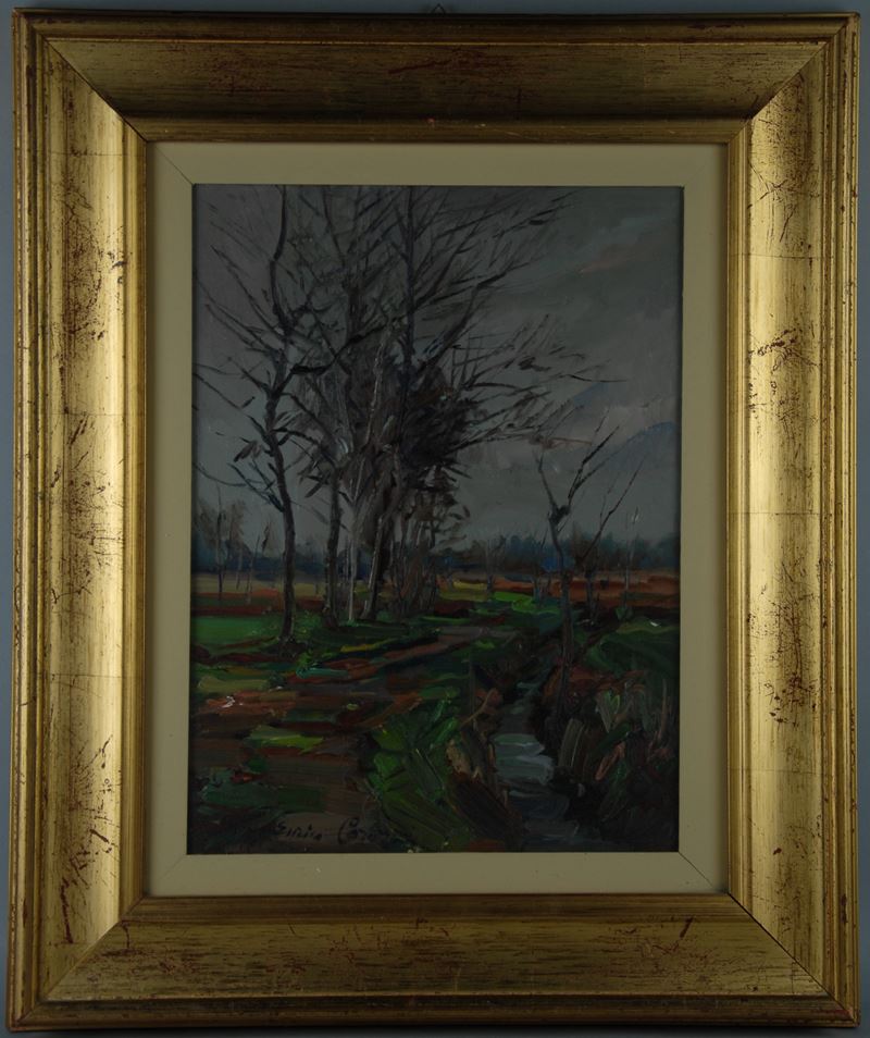 Enrico Carozzi - Dipinto Olio su Cartone "campagne Milanesi"
