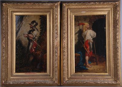 Coppia di Dipinti Olio su Tavola Raff. ''armigeri''. XIX Secolo. in Cornice Dor...