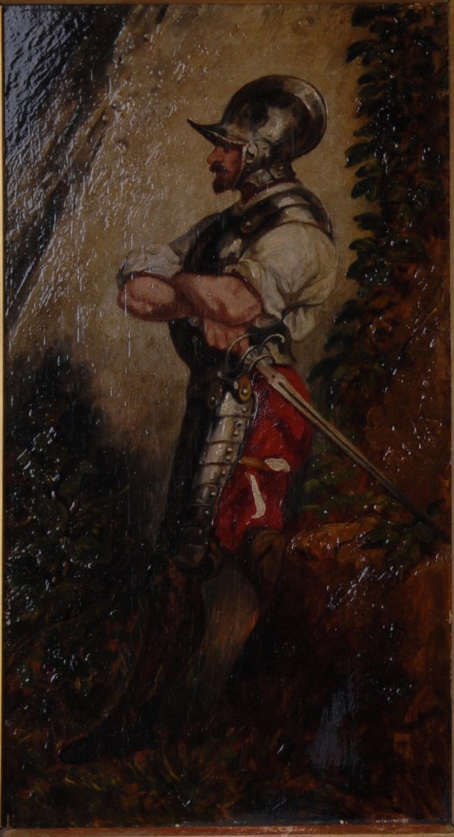Coppia di Dipinti Olio su Tavola Raff. ''armigeri''. XIX Secolo. in Cornice Dor...