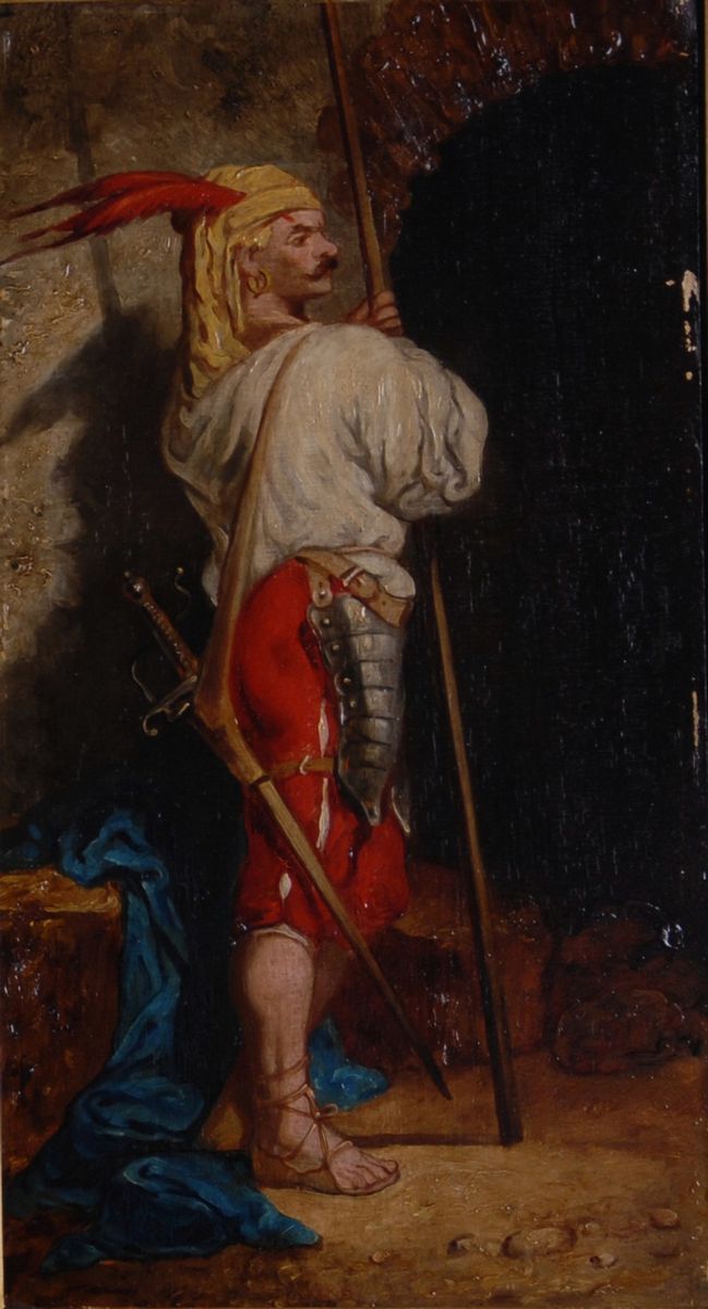 Coppia di Dipinti Olio su Tavola Raff. ''armigeri''. XIX Secolo. in Cornice Dor...