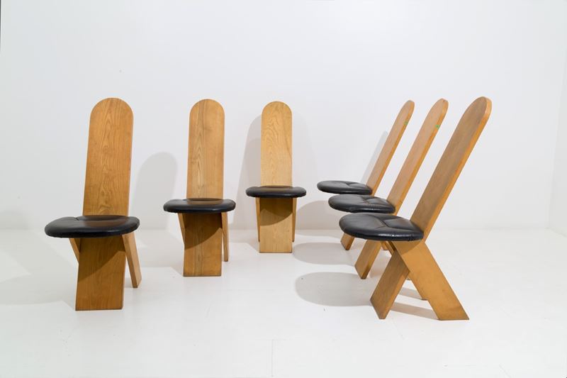 Gianfranco Frattini - Sei Sedie in Legno e Pelle Nera