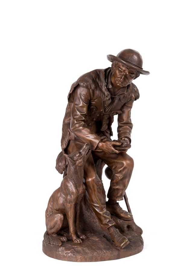 ANATOLE JEAN GUILLOT - Bronze sculpture ''WALKER AT REST WITH DOG''