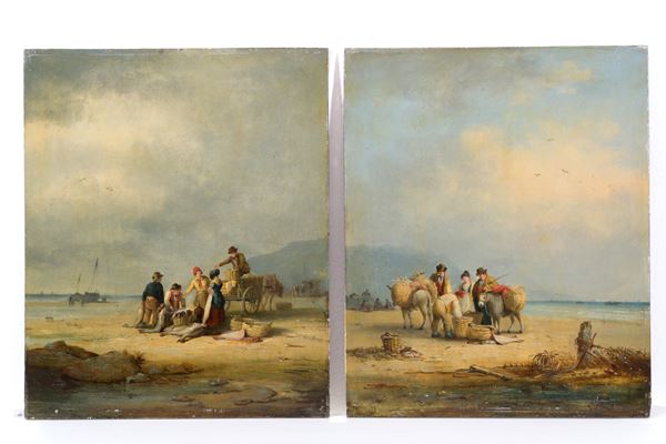 NICHOLAS  CONDY - Pair of paintings "FISHERMEN ON THE BEACH" and "FISH TRANSPORTERS WITH MULES"