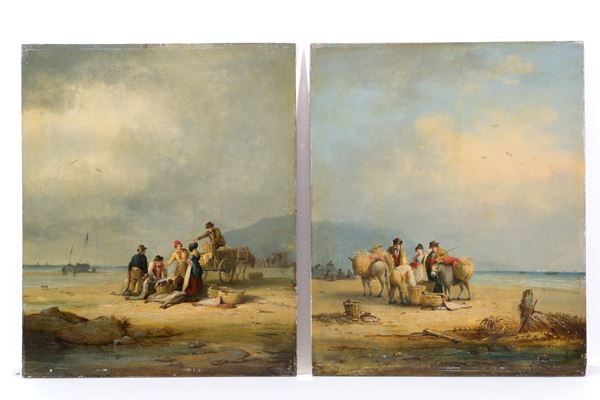 NICHOLAS  CONDY - Pair of paintings "FISHERMEN ON THE BEACH" and "FISH TRANSPORTERS WITH MULES".