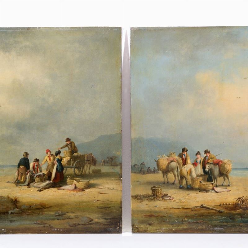 Coppia di dipinti "PESCATORI SULLA SPIAGGIA" e "TRASPORTATORI DI PESCE CON MULI"