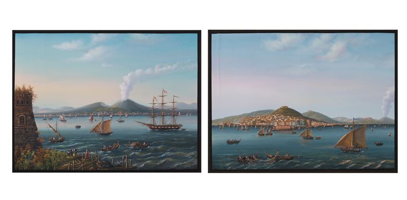 Coppia di gouache ''PAESAGGIO CON BARCHE E VESUVIO'' e ''NAPOLI VISTA DAL MARE CON BARCHE E PERSO...