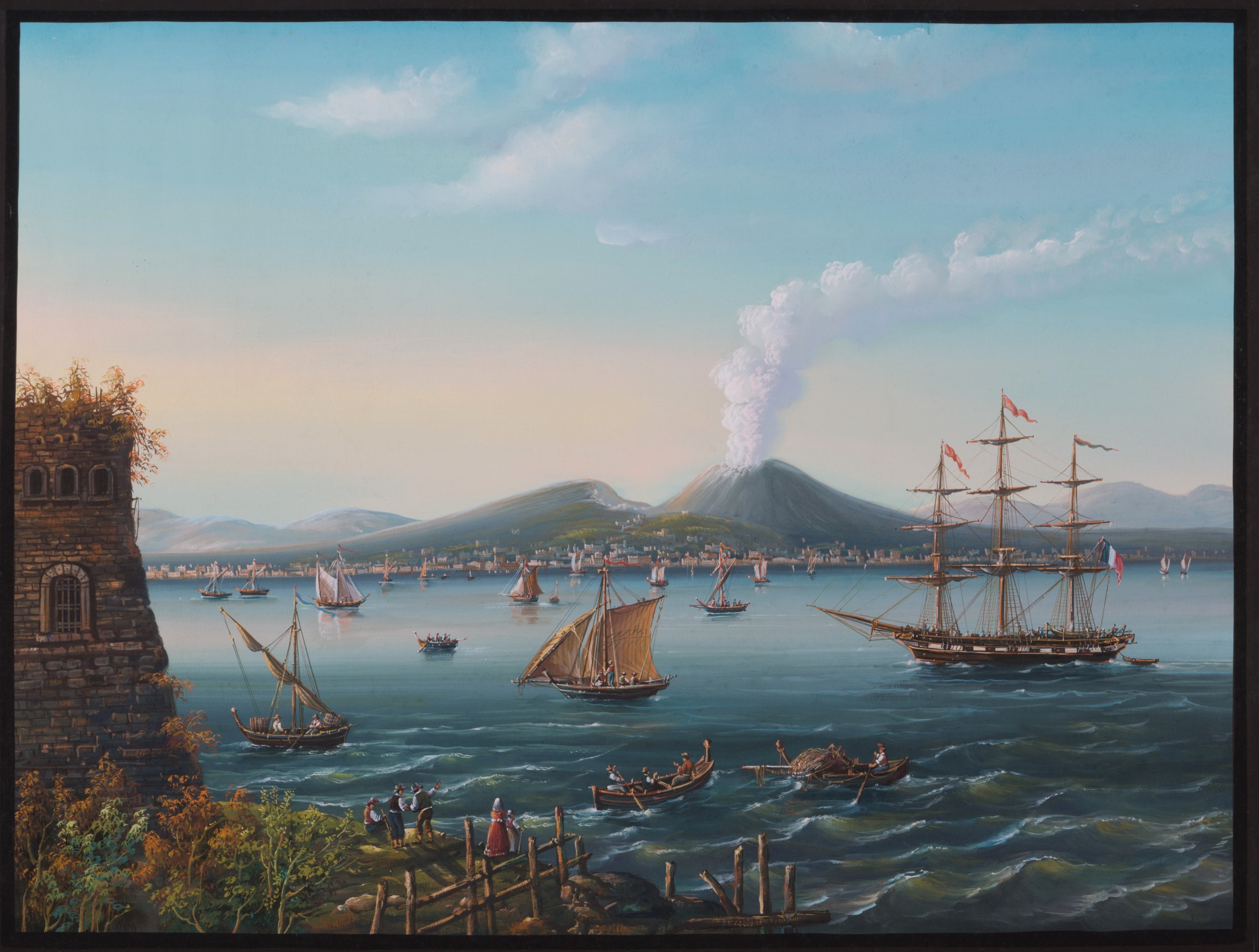 Coppia di gouache ''PAESAGGIO CON BARCHE E VESUVIO'' e ''NAPOLI VISTA DAL MARE CON BARCHE E PERSO...