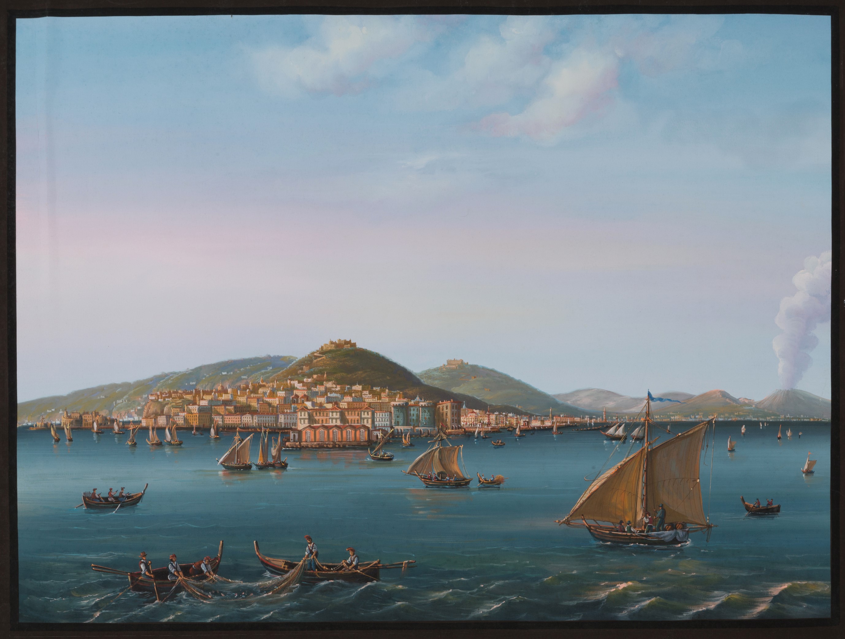 Coppia di gouache ''PAESAGGIO CON BARCHE E VESUVIO'' e ''NAPOLI VISTA DAL MARE CON BARCHE E PERSO...