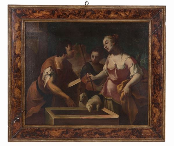 Dipinto olio su tela raff. ''INCONTRO DI GIACOBBE E RACHELE AL POZZO''. Veneto....