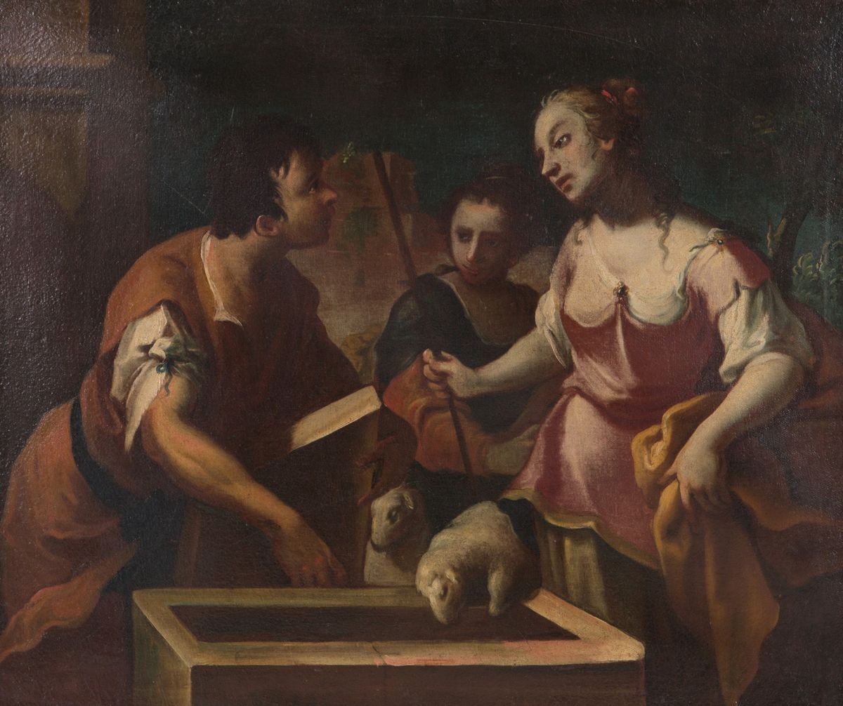 Dipinto Olio su Tela Raff. ''incontro di Giacobbe e Rachele al Pozzo''. Veneto....