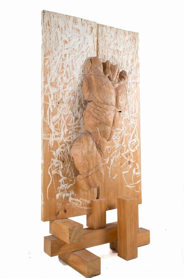 NICOLA COZZIO - NICOLA COZZIO (Tione, 1964). Scultura in legno intitolata ''ECCE HOMO''. Firmat...