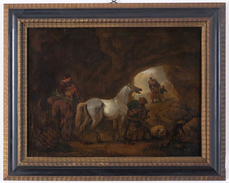 Philips Wouwerman (attr.) (haarlem, 1619 - 1668). Dipinto Olio su Tavola Impalchettata