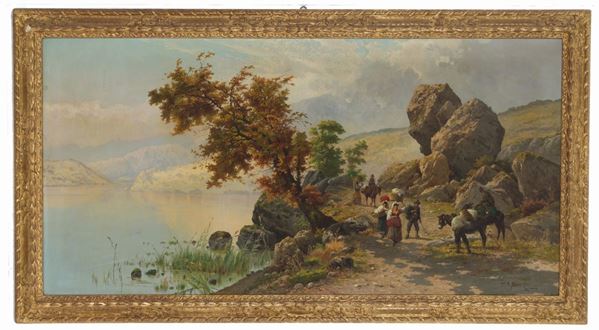 PIETRO  BARUCCI -  PIETRO BARUCCI (Roma, 1845-1917). Dipinto olio su tela raff. ''CAMPAGNA CON CONTADINI E ASINI''