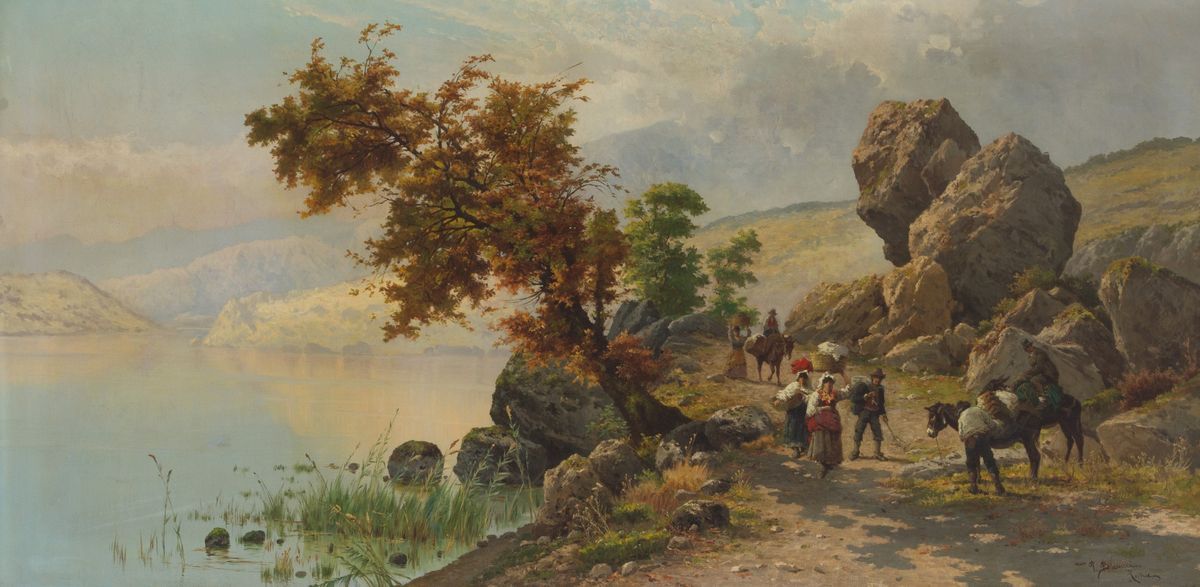 Pietro Barucci (roma, 1845-1917). Dipinto Olio su Tela Raff. ''campagna con Contadini e Asini''