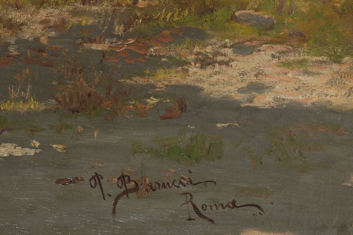 Pietro Barucci (roma, 1845-1917). Dipinto Olio su Tela Raff. ''campagna con Contadini e Asini''