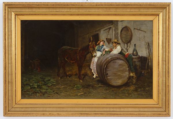 VINCENZO VOLPE - Dipinto ''GIOVINCELLI NELLA STALLA CON ASINO''