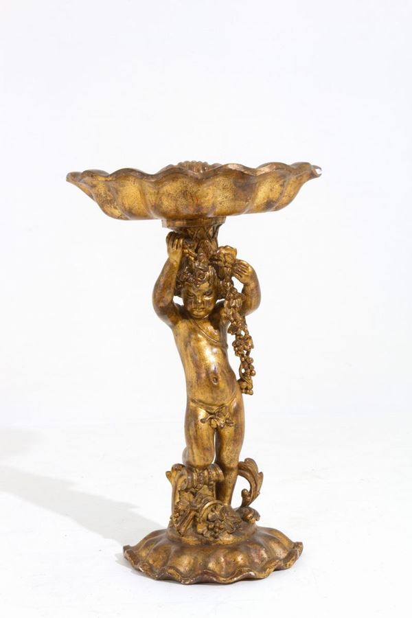 Scultura in legno intagliato e dorato raff. ''PUTTO CON CONCHIGLIA''. XIX secol...