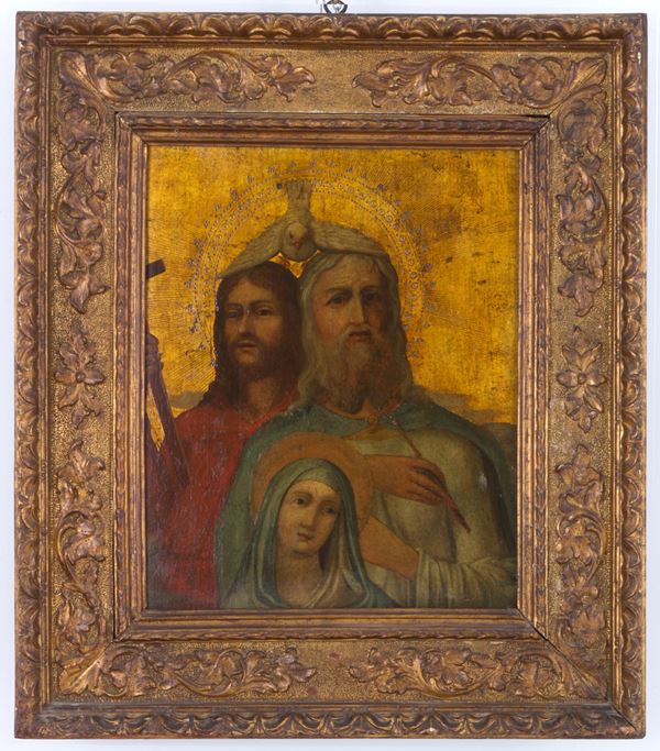 Gold background painting "FATHER, SON, HOLY SPIRIT AND MADONNA"