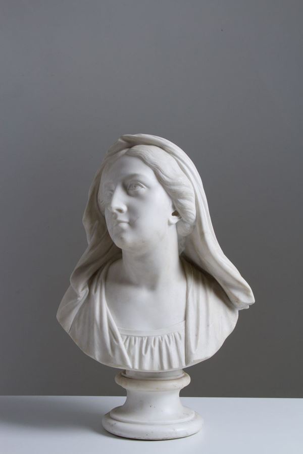 Scultura in marmo bianco di Carrara raff. ''BUSTO DI DONNA CON VELO''. Fine XIX...