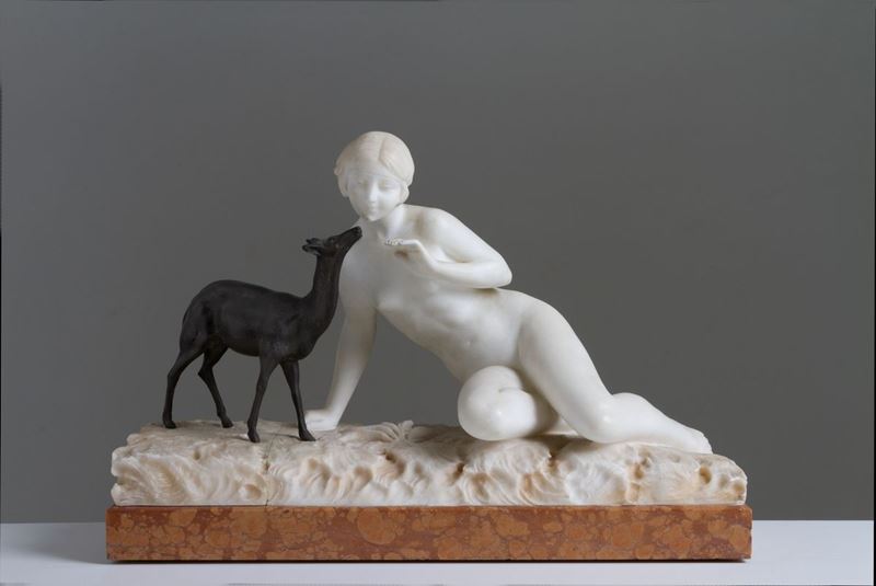 Umberto Stiaccini (XIX-XX Secolo). Scultura in Alabastro e Bronzo Brunito