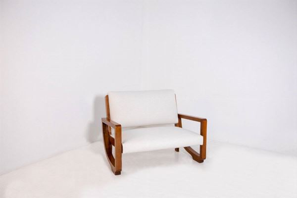 BBPR - Loveseat armchair in wood and white bouclé fabric