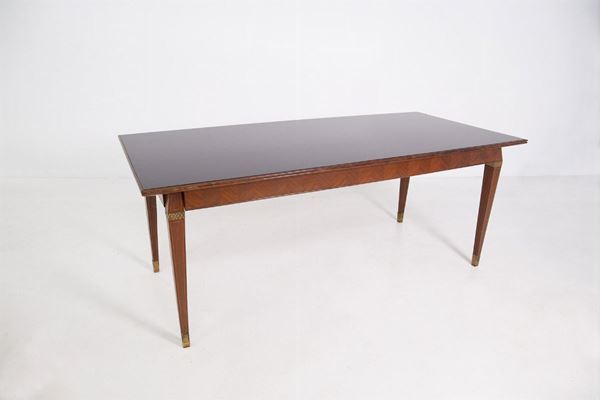 Tavolo in legno con piano in vetro fumé nello stile di Paolo Buffa
