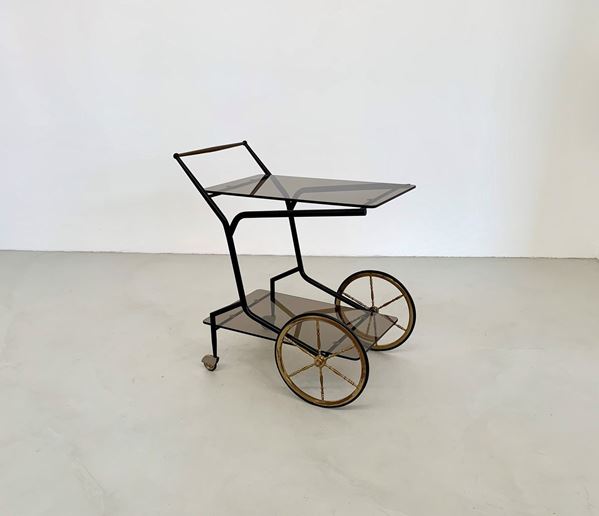 Carrello in vetro, ottone e ferro