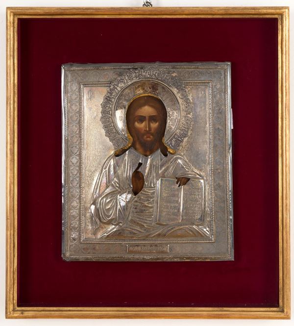 Icona su tavola raff. ''CRISTO'' con riza in argento. Russia. XIX secolo. In co...