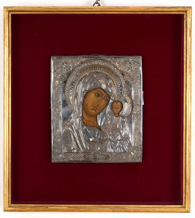 Icona su Tavola Raff. ''madonna con Bambino'' con Riza in Argento. Russia. Iniz...