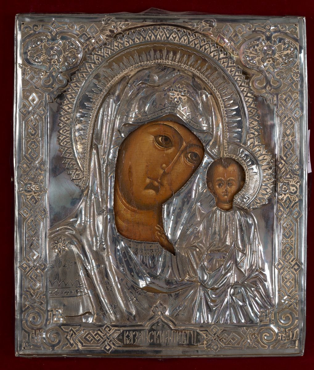 Icona su Tavola Raff. ''madonna con Bambino'' con Riza in Argento. Russia. Iniz...
