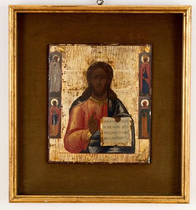 Icona su Tavola Raff. ''cristo e Santi''. Russia. XIX Secolo. in Cornice. Lievi...