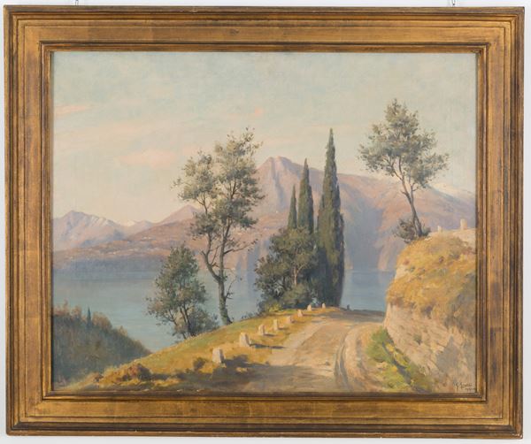 Dipinto olio su tela raff. ''PAESAGGIO LACUSTRE''