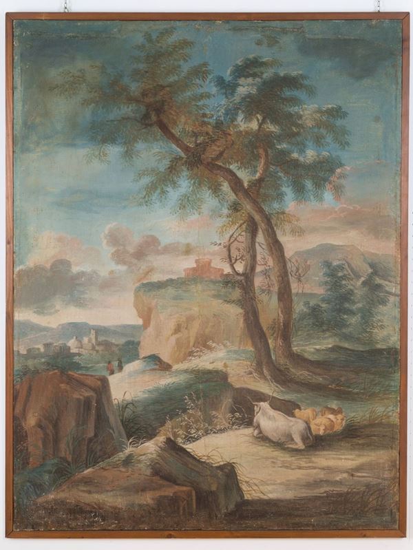 Dipinto olio su tela raff. ''PAESAGGIO MONTANO CON ARMENTI E PASTORI''
