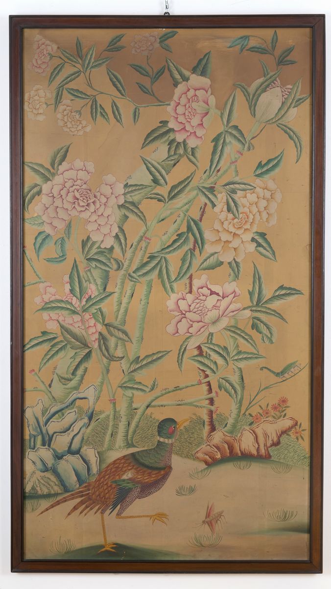 Coppia di Dipinti Olio su Cartone Applicato su Tela Raff. ''ramage di Fiori con Uccelli del Parad...