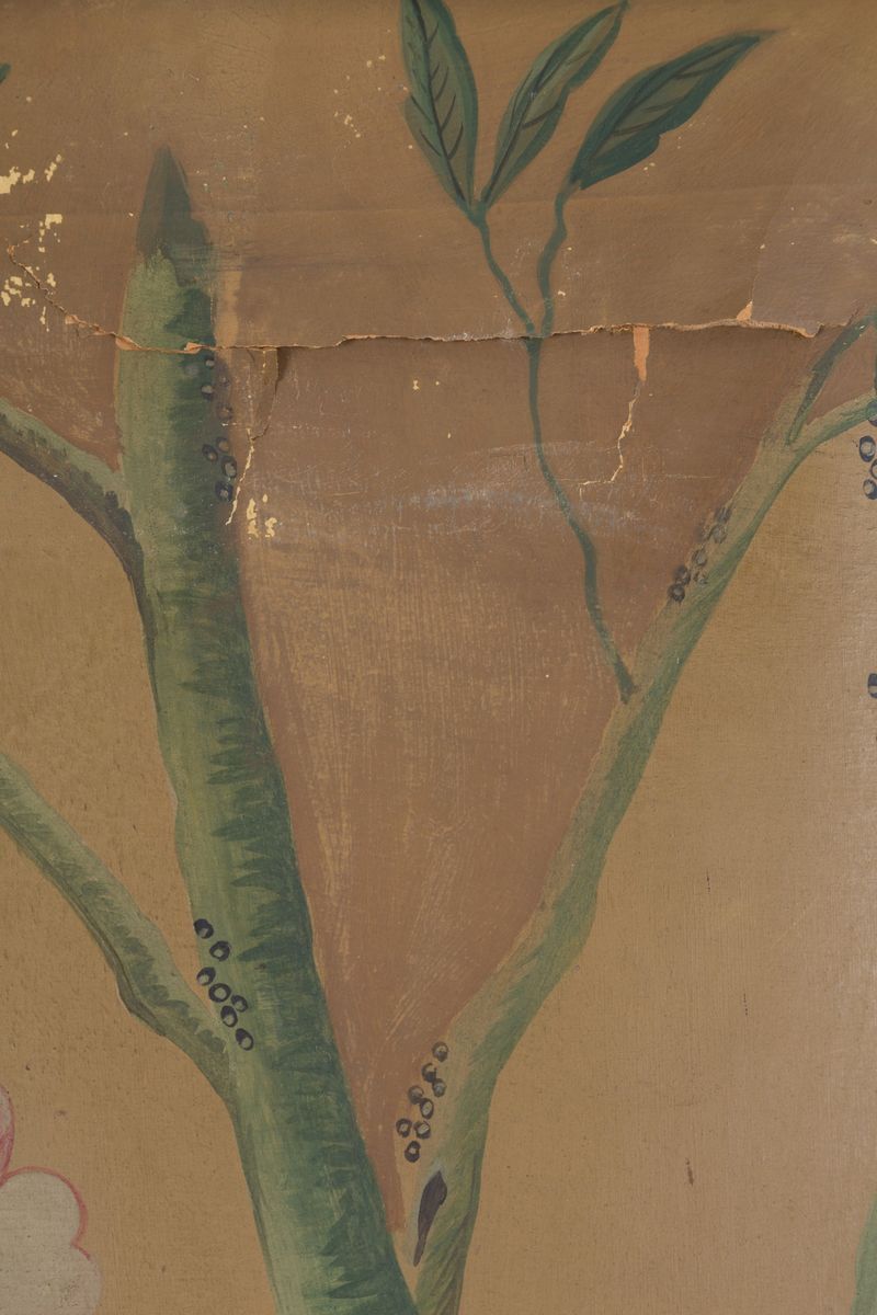 Coppia di Dipinti Olio su Cartone Applicato su Tela Raff. ''ramage di Fiori con Uccelli del Parad...