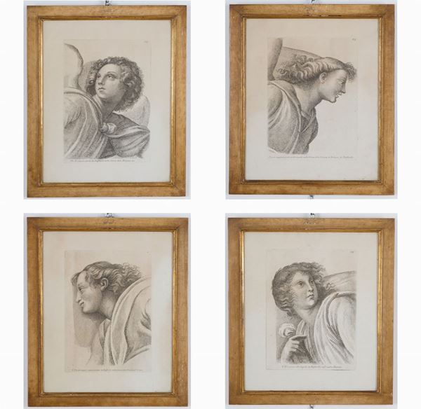 Quattro incisioni su carta raff. ''ARCANGELI''. XIX secolo. In cornice.
Mis. L...