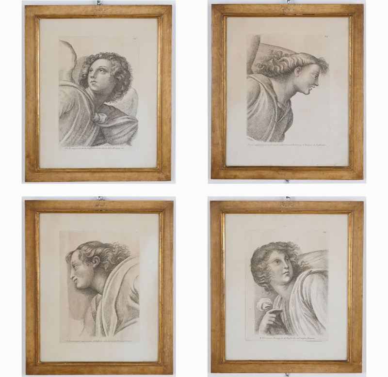 Quattro Incisioni su Carta Raff. ''arcangeli''. XIX Secolo. in Cornice. Mis. L...