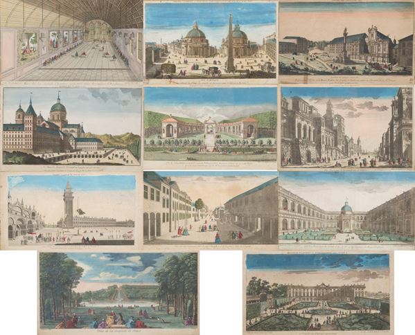 Undici stampe acquarellate su carta raff. ''PAESAGGI E ARCHITETTURE''. Firmate ...