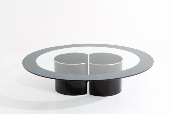 Tavolino ovale con base a due elementi semicircolari in acciaio smaltato e pian...