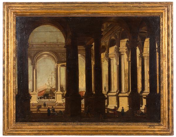 VIVIANO  CODAZZI - VIVIANO CODAZZI (Attr.) (Valsassina, 1604. Roma, 1672). Dipinto olio su tela raff. ''SCORCIO DI PORTO CON MARINA''