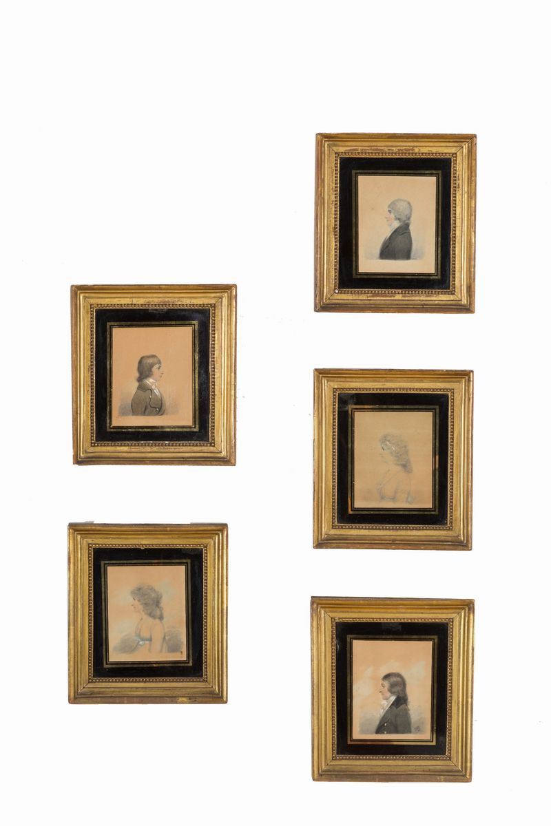 Cinque Miniature su Carta Raff. ''profili di Personaggi''. XIX Secolo. in Corni...