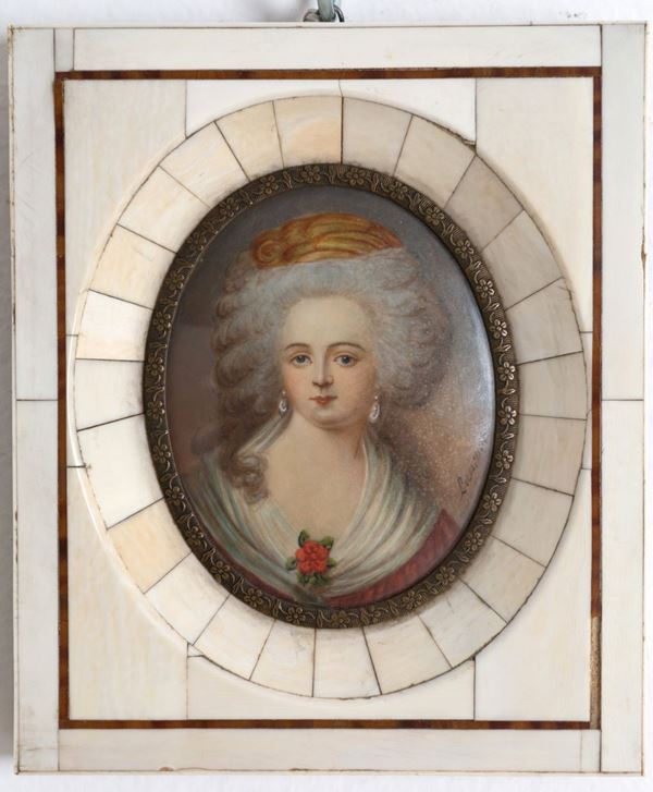 Miniatura su avorio raff. ''RITRATTO DI GENTILDONNA''. Firmata LAURENT sulla de...