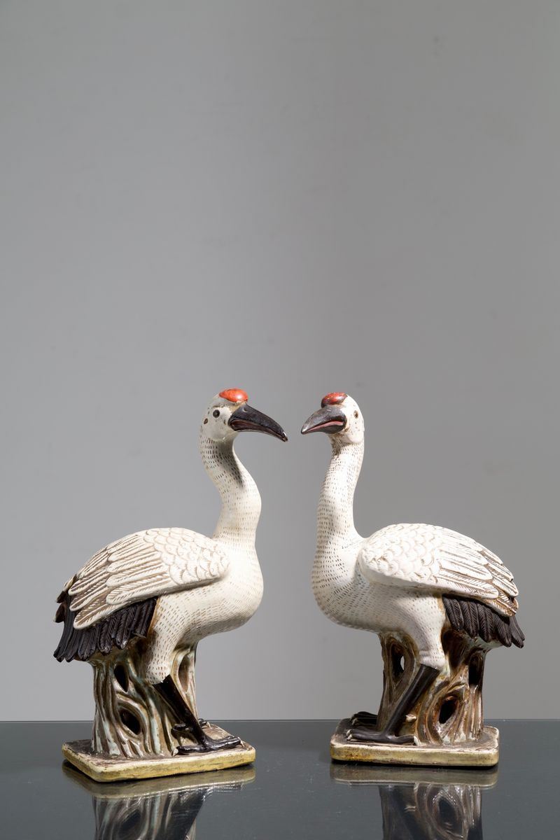 Due Sculture in Ceramica Raff. ''uccelli Tropicali''