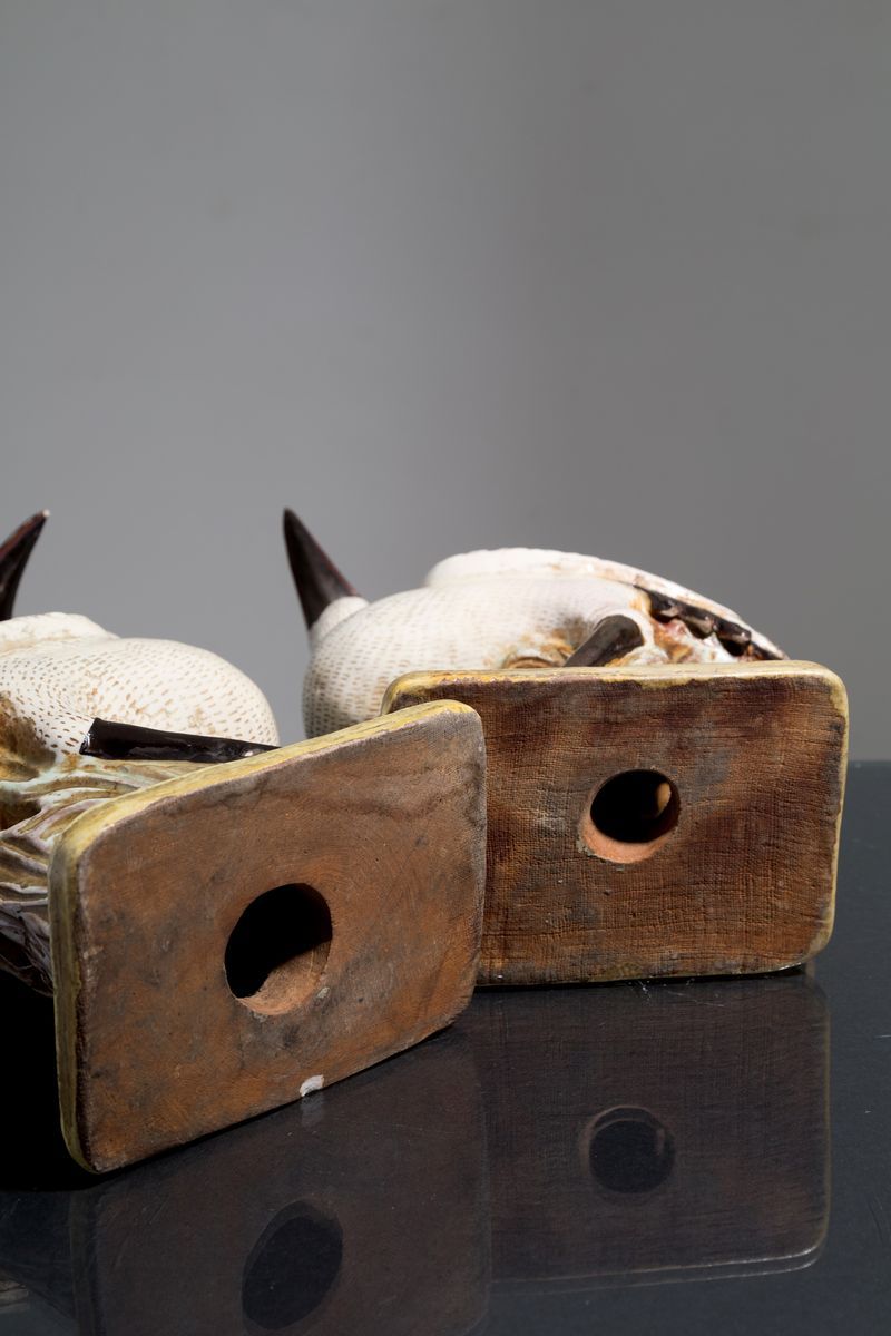 Due Sculture in Ceramica Raff. ''uccelli Tropicali''