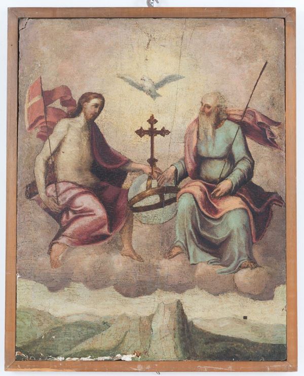 Dipinto olio su tavola raff. ''TRINITA' ''. XVI secolo. In cornice non coeva. D...